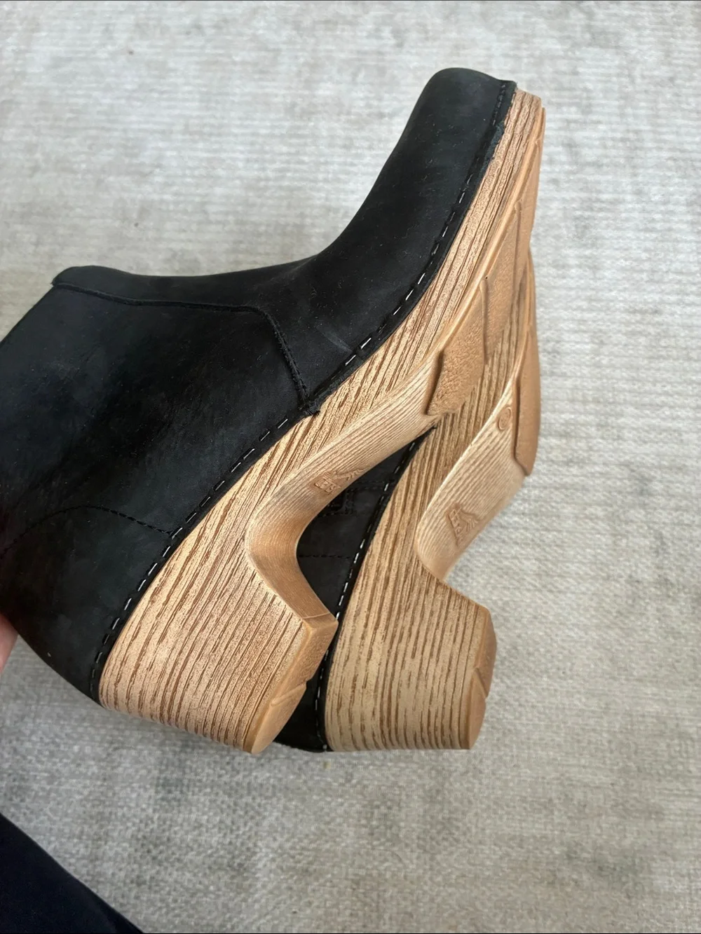 Dansko Black Suede Ankle Booties with Wood-Look Heel